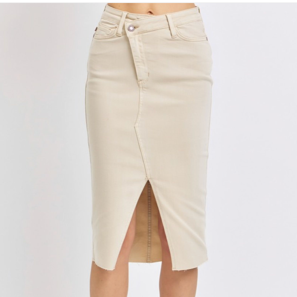 Slim High Waisted Tailored Criss Cross Slit Denim Skirt