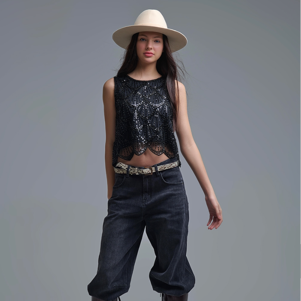 Chic Black Sequin Crop Top