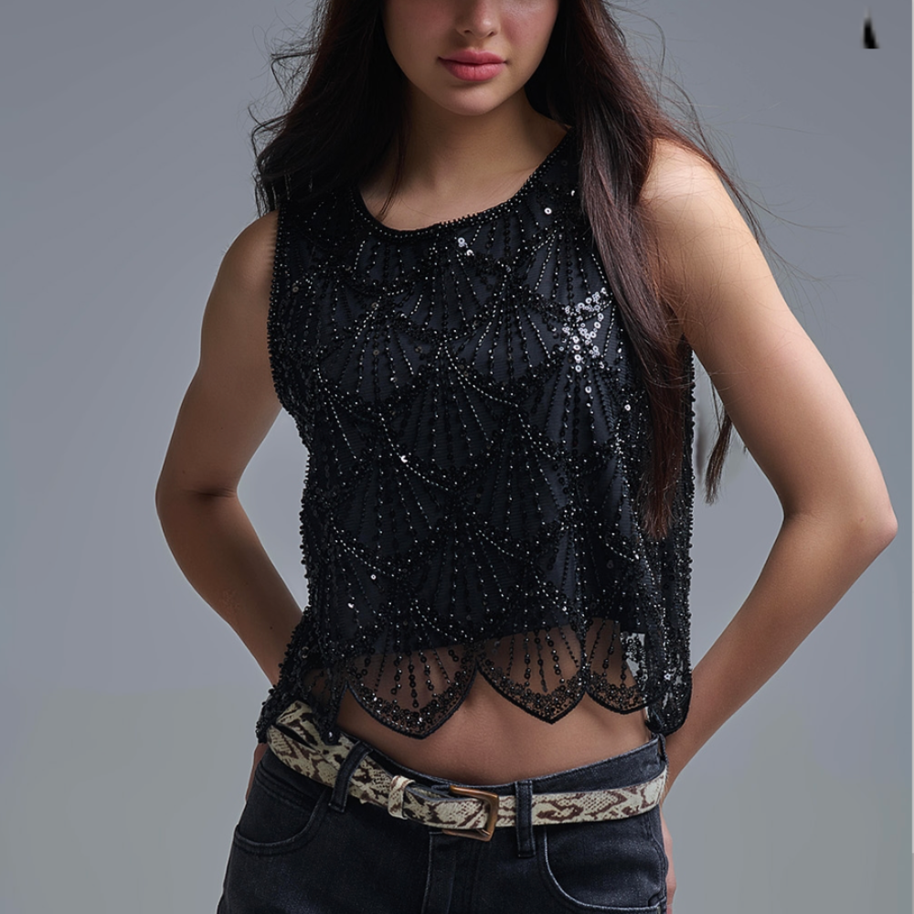 Chic Black Sequin Crop Top
