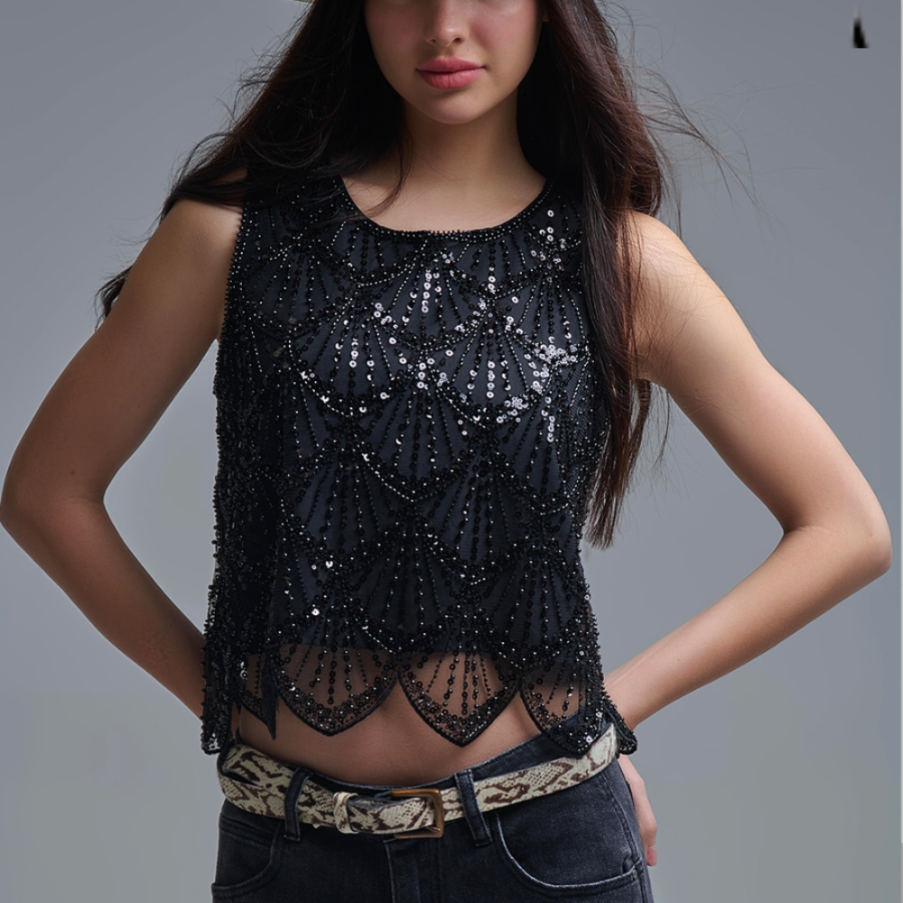 Chic Black Sequin Crop Top