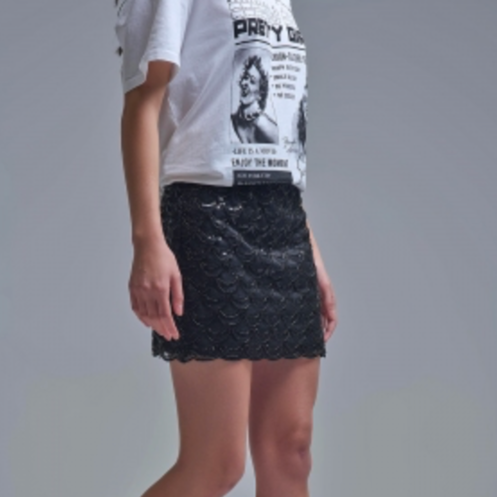 Scalloped Mini Skirt In Black Sequin