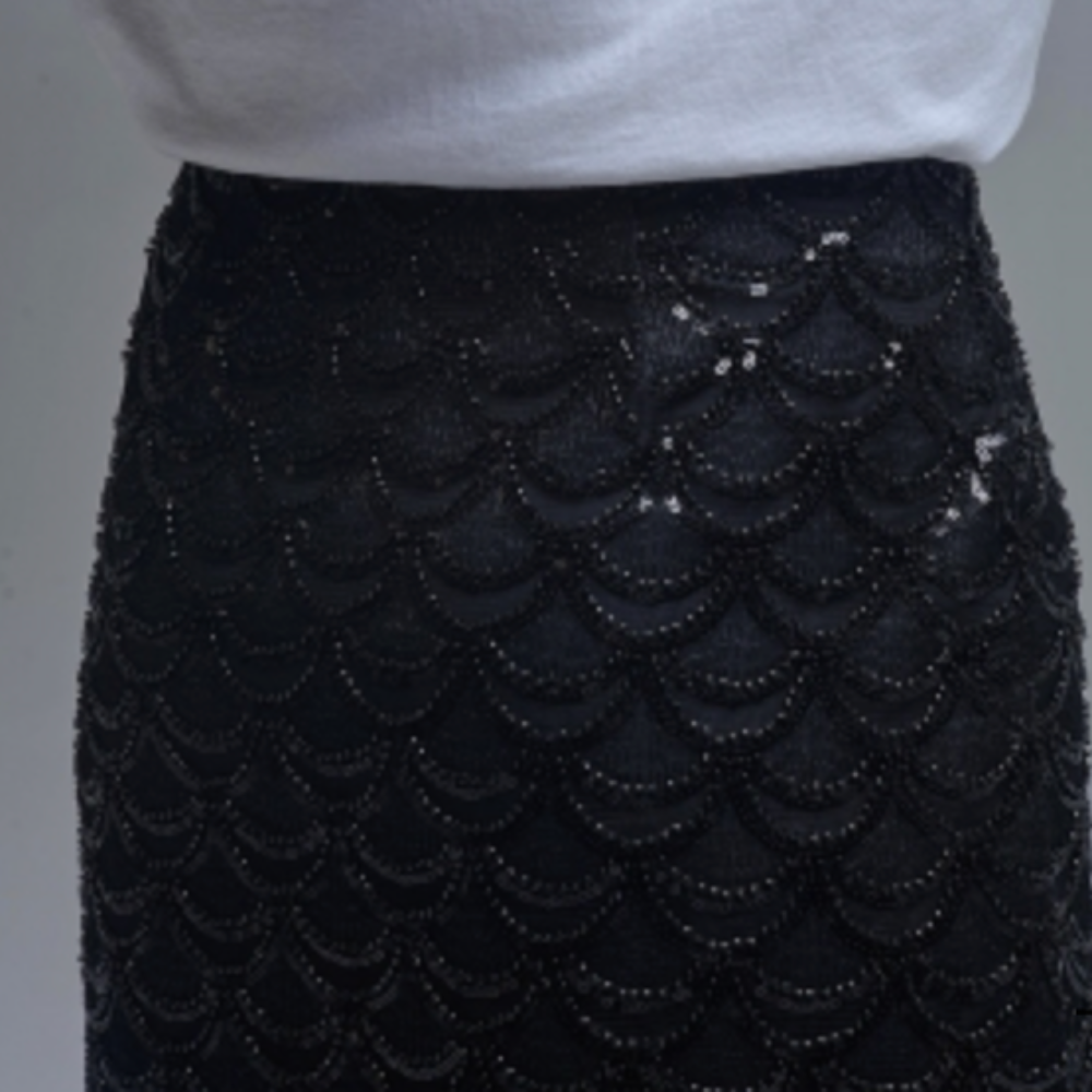 Scalloped Mini Skirt In Black Sequin