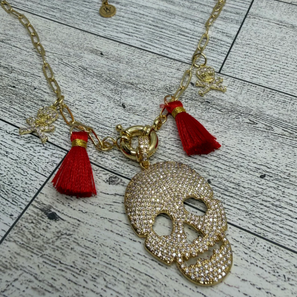 Paperclip Chain With Pave Skull Pendant & Tassels