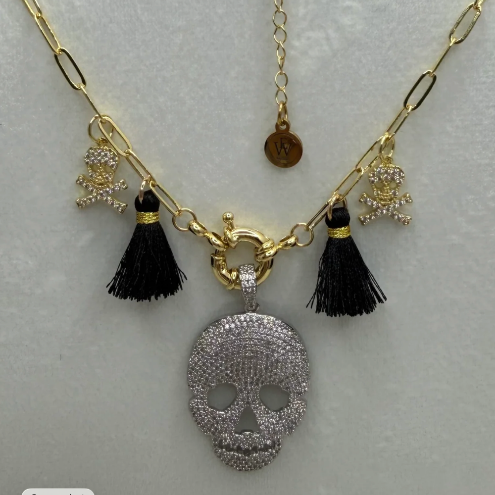 Paperclip Chain With Pave Skull Pendant & Tassels