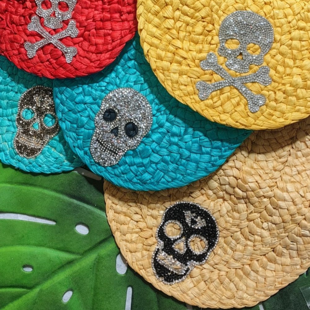 Straw Clutch With Crystal Skull